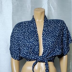 Roxy Blue‎ and White Puff Sleeve Tie-Front Crop Blouse Size M